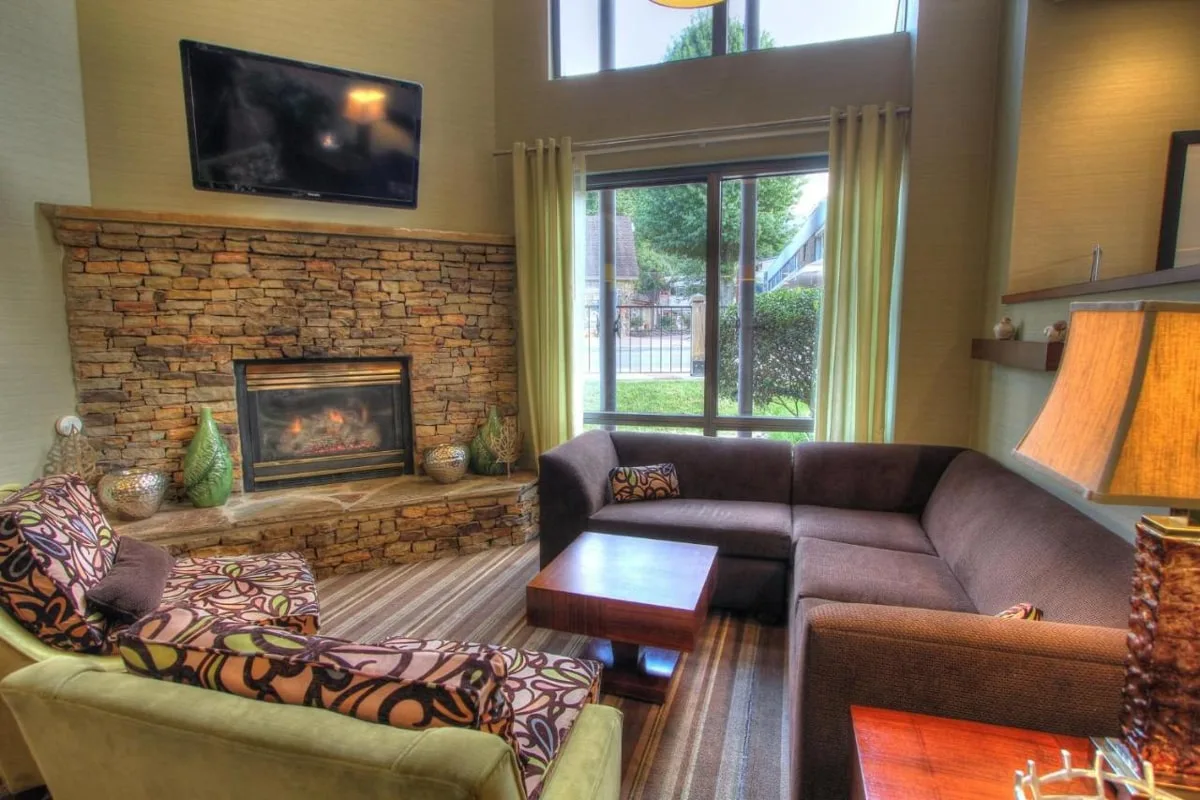 Cozy Room with fireplace and flat screen TV at Hampton Inn Gatlinburg TN 