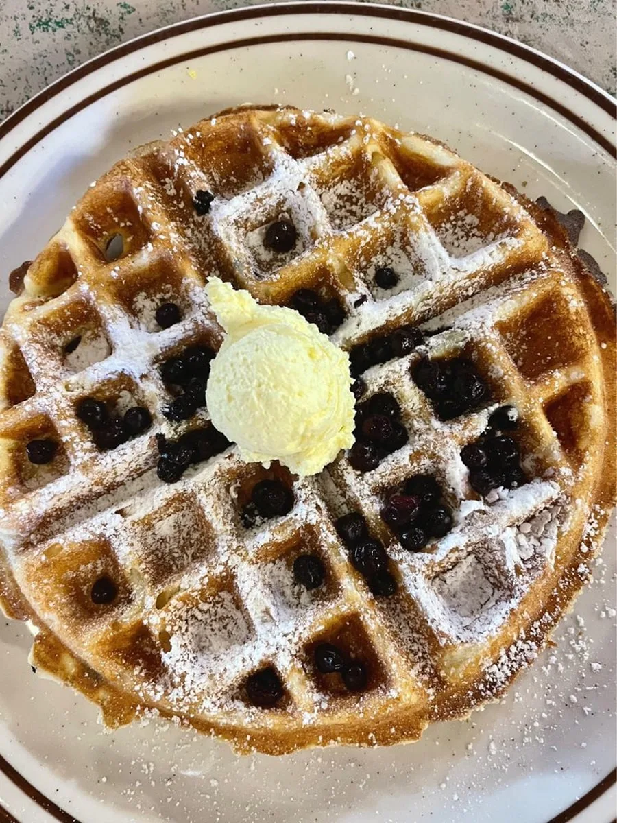 blueberry waffle with butter and blueberries at Log Cabin Pancakes in Gatlinburg TN 