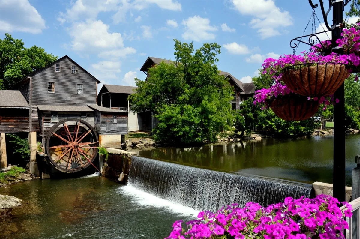 The Old Mill with flowers during Spring in Pigeon forge TN 