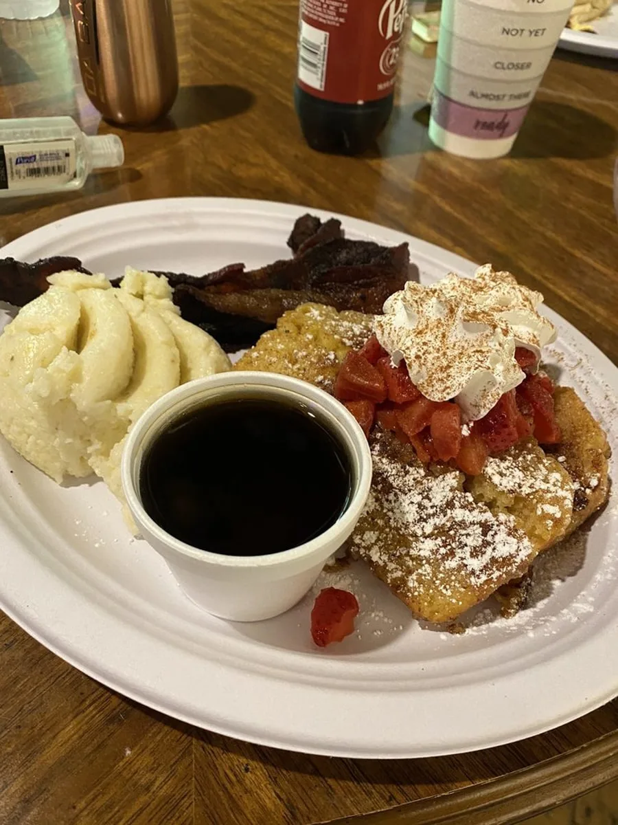 French Toast with strawberries and bacon at Timbers Log Cabin in Gatlinburg TN 