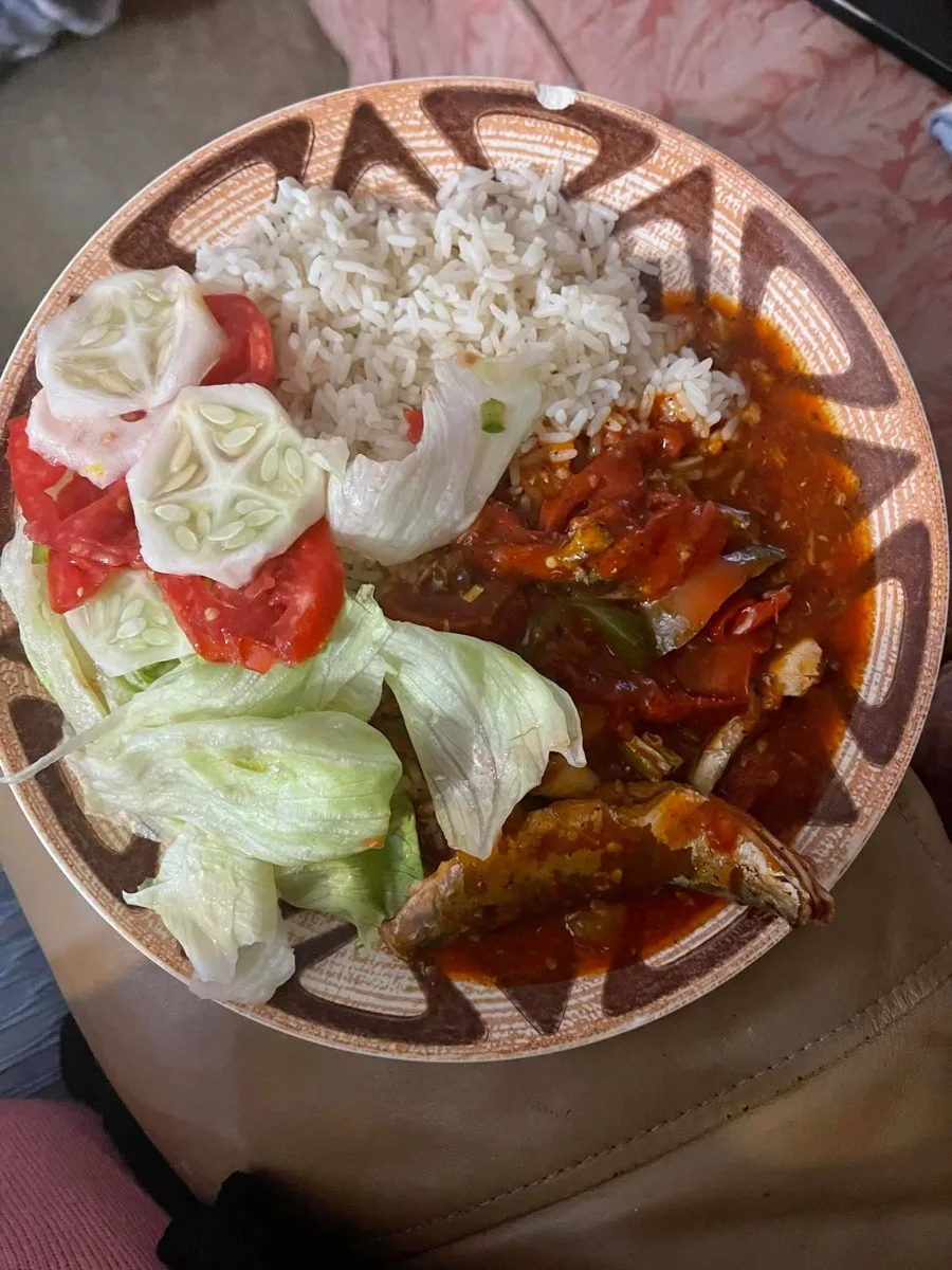 Jamaican food with rice and salad at Milly's Jamaican Restaurant in Kingsport TN 