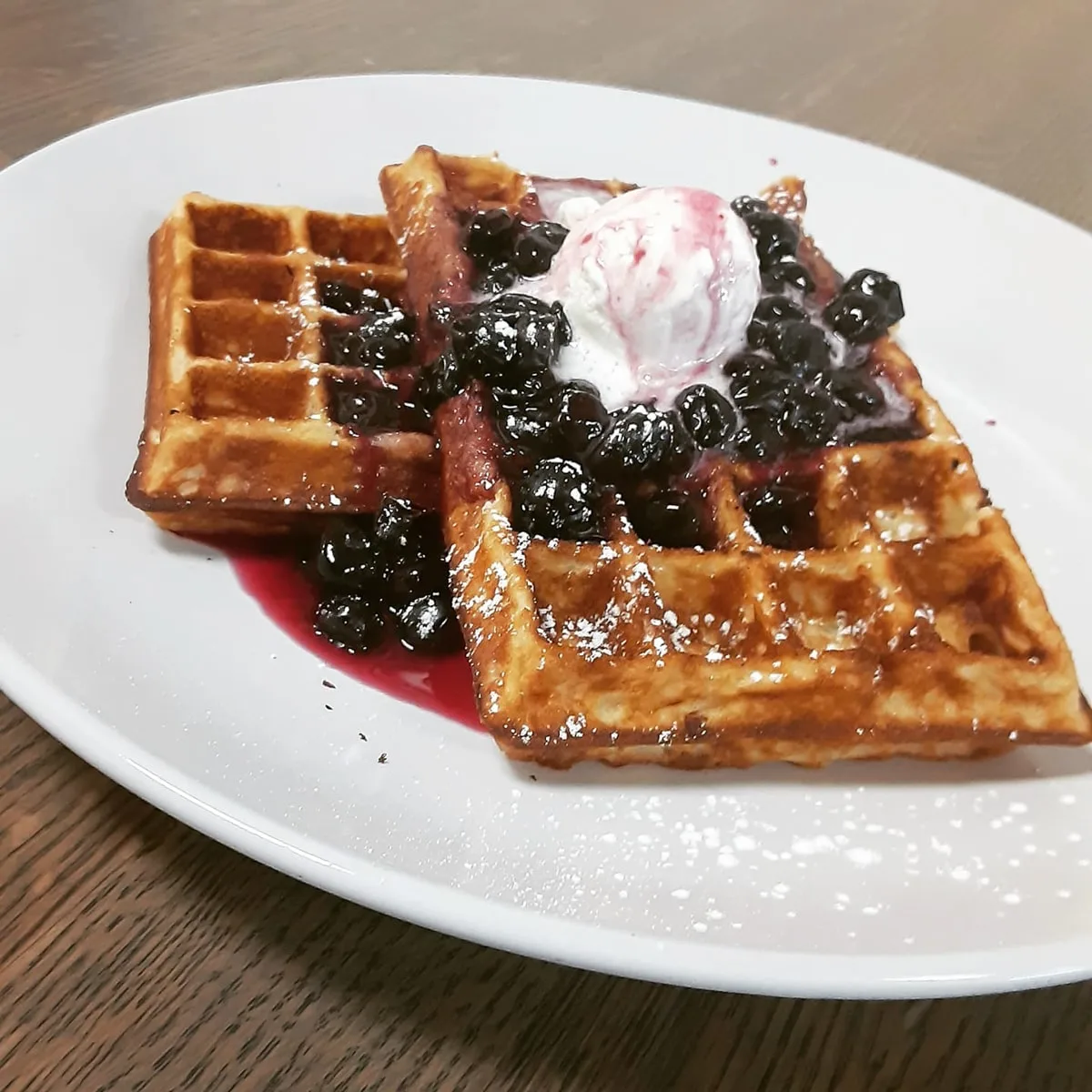 Waffles with blueberrys for breakfast in Kingsport at Evelyn's Table 