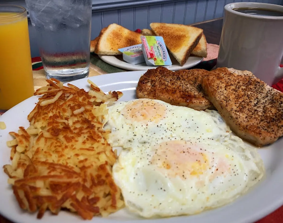 eggs, hashbrowns, and pork chops at Pops restaurant in Kingsport TN for breakfast
