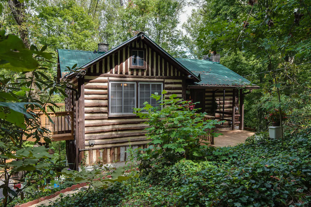 Log cabin surrounded by ivy and greenery.