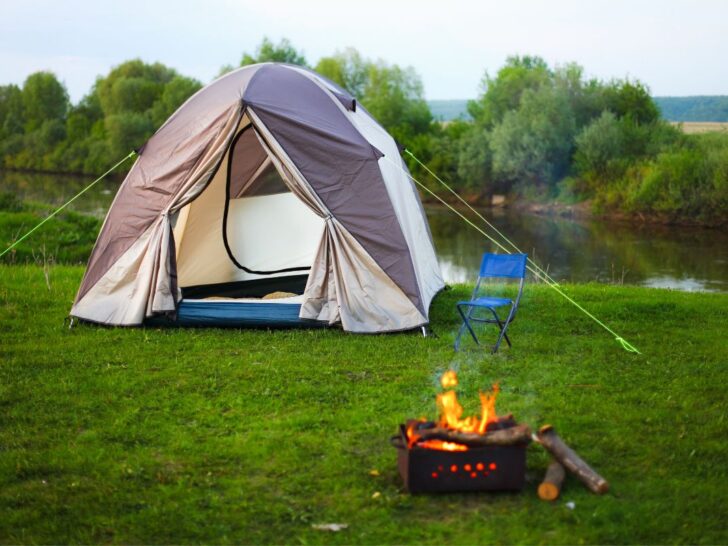 Riverside tent camping near Knoxville TN with outdoor fire pit.