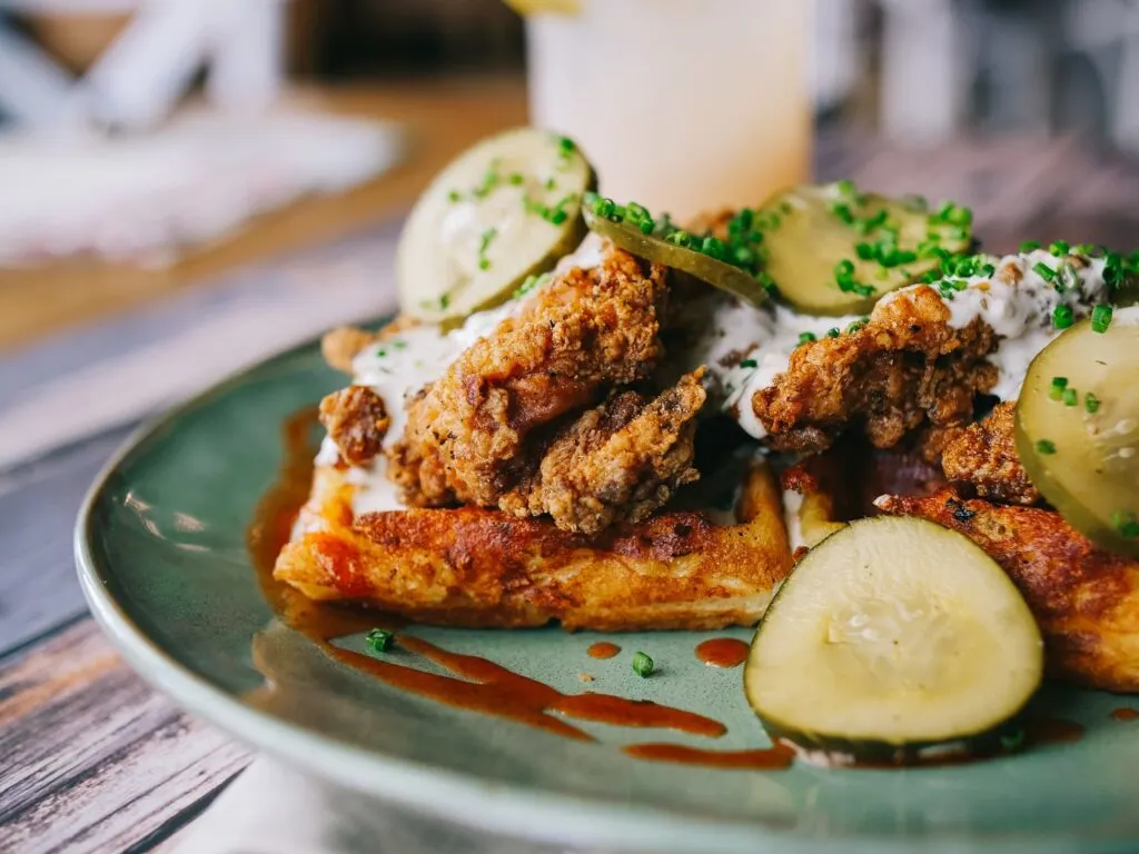 Mac and cheese-stuffed waffles with Asheville hot chicken (brunch item from Tupelo Honey Knoxville).