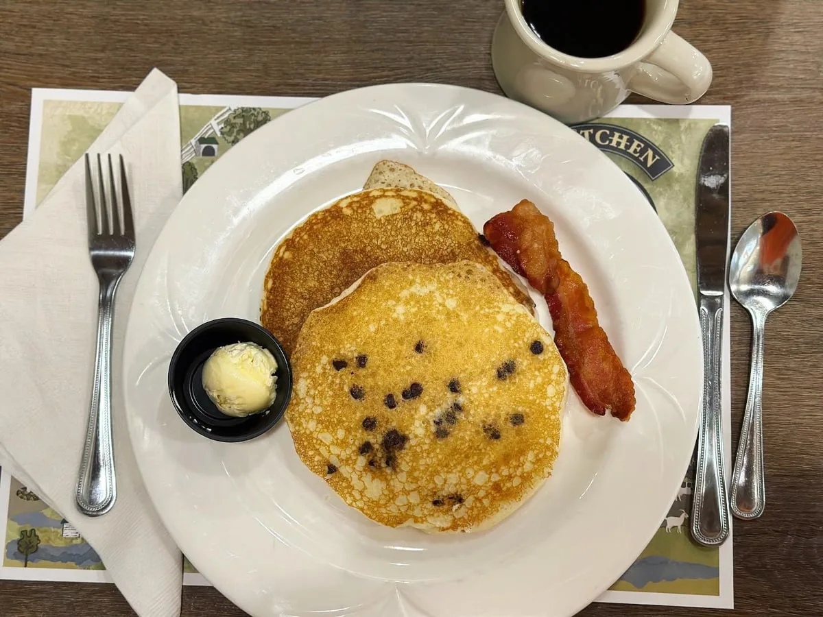 Pancakes and bacon with coffee breakfast at the Kitchen at Grace Meadows farm in Jonesborough TN