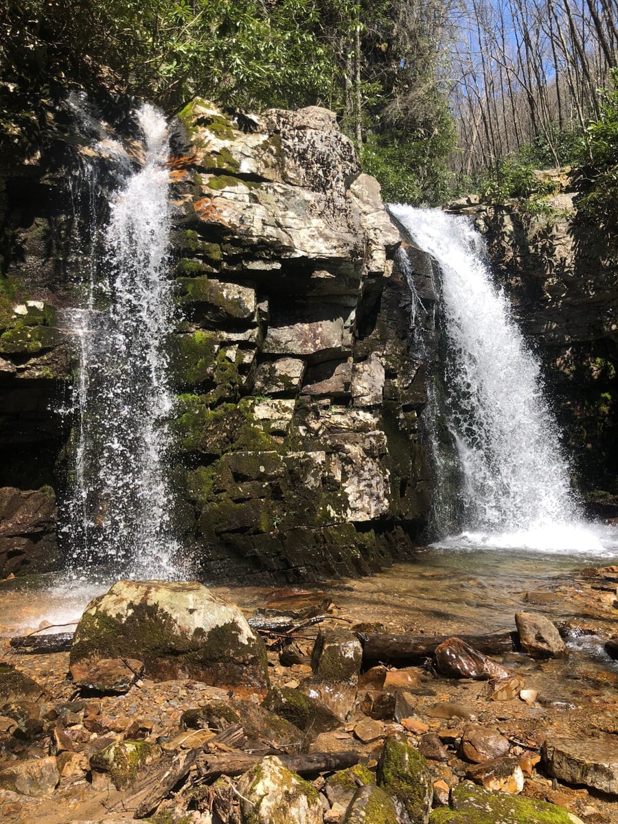 Two waterfalls falling to the rocks below at Gentry Creek Falls near Bristol TN/VA