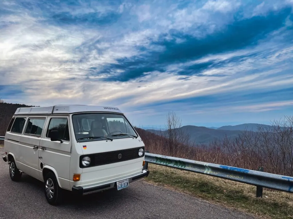 Volkswagen camper van sitting on Roan Mountain