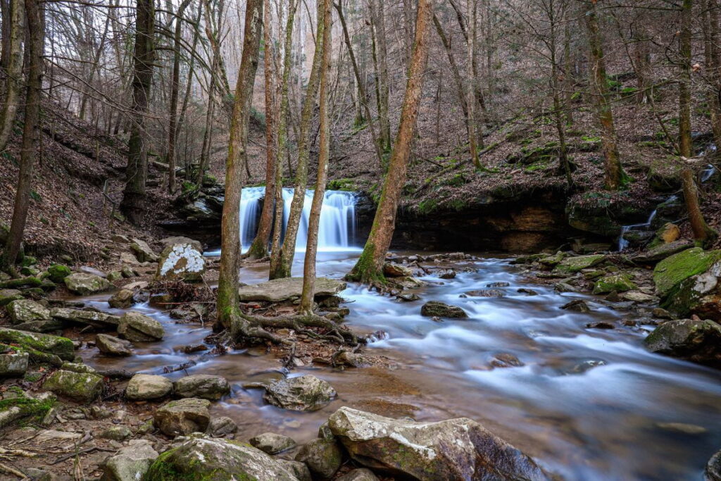 Long exposure waterfall in Frozen Head State Park in East Tennessee. Photo by Laurie Drake via Getty.