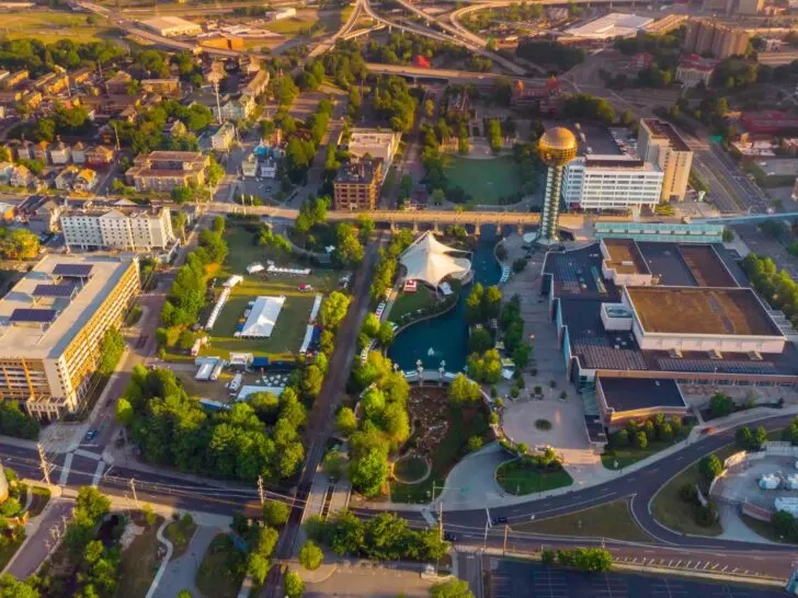 Aerial view of Knoxville's World's Fair park in downtown Knoxville, TN.