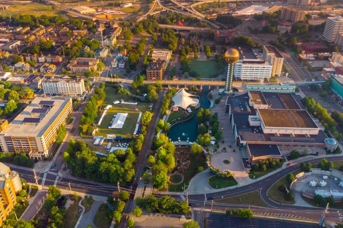Aerial view of Knoxville's World's Fair park in downtown Knoxville, TN.