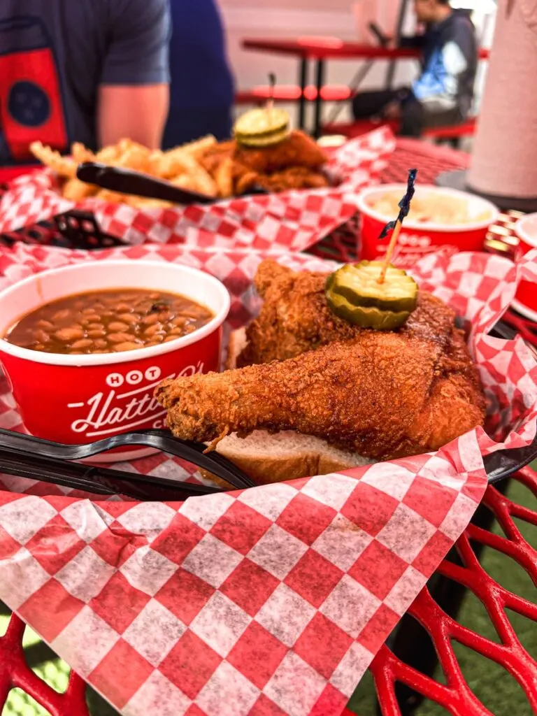 Hattie B's hot nashville chicken with sides and pickles