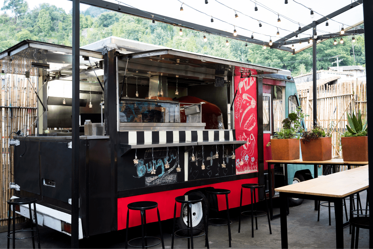 food truck with seating outside