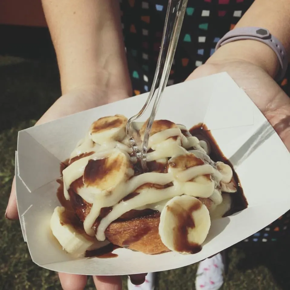 loaded cinnamon roll with chocolate and bananas at buns on the run food truck in nashville tn