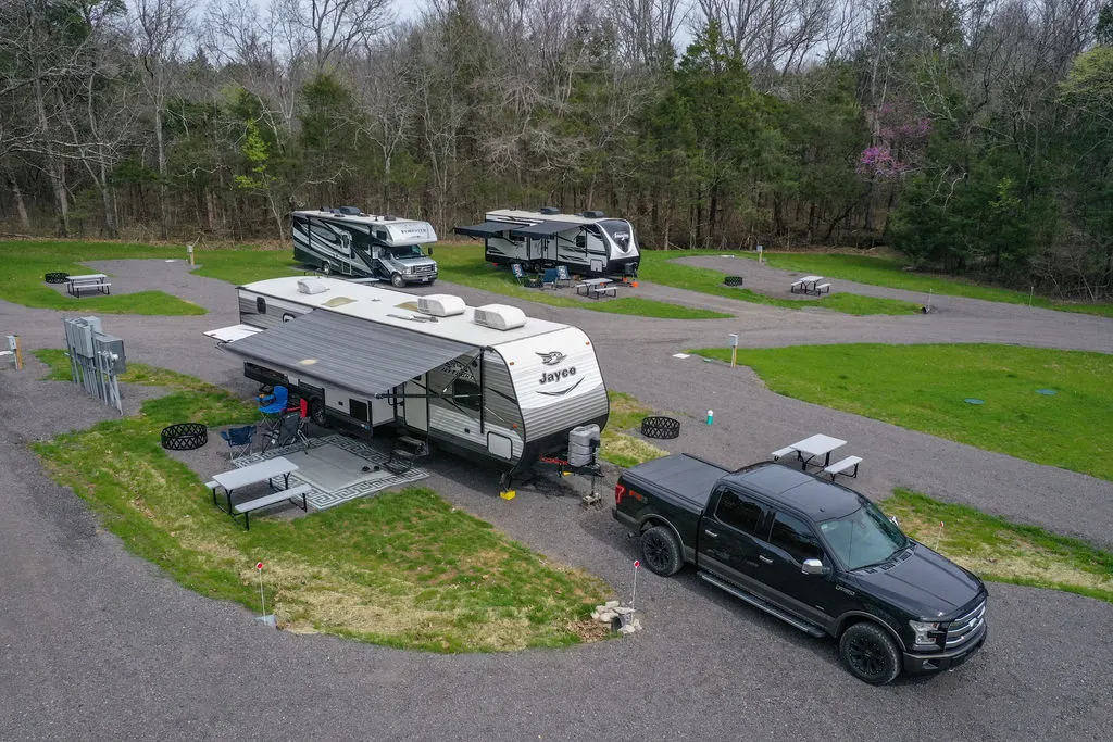 camper and truck at rural hill farm campground near nashville tn 