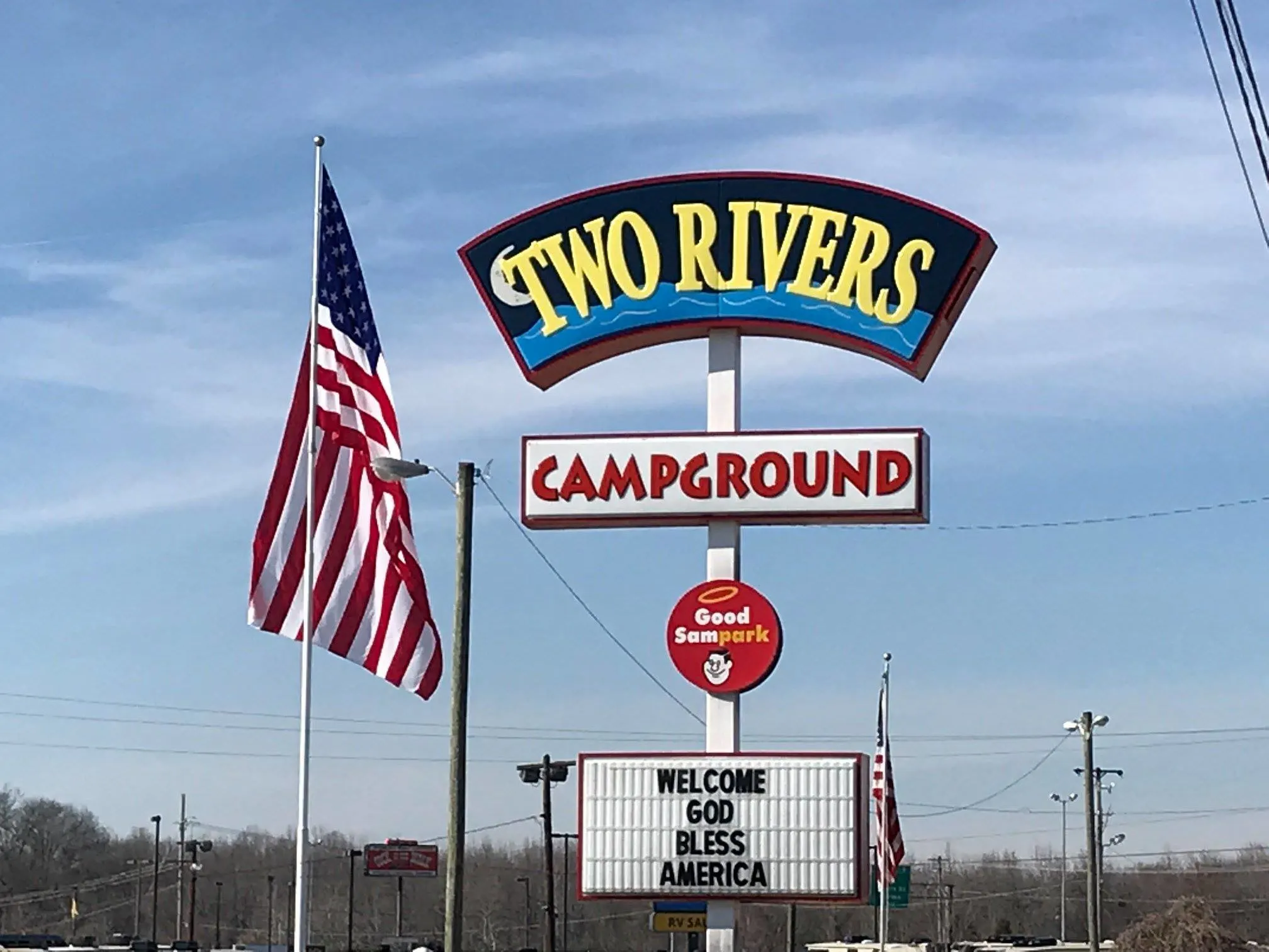 two rivers campground rv park sign with american flag near Nashville tn 