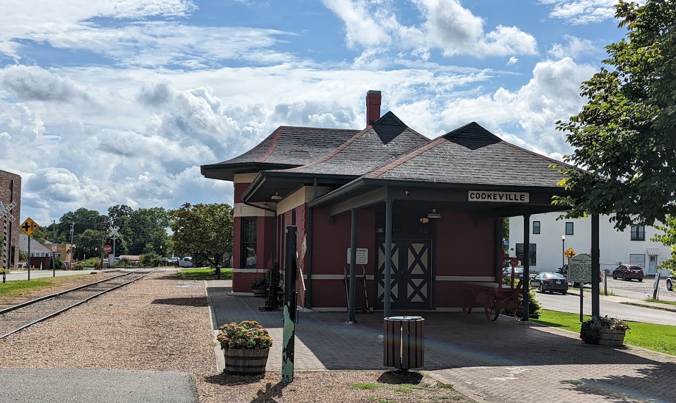 cookeville depot museum exterior with train tracks and blue sky 
