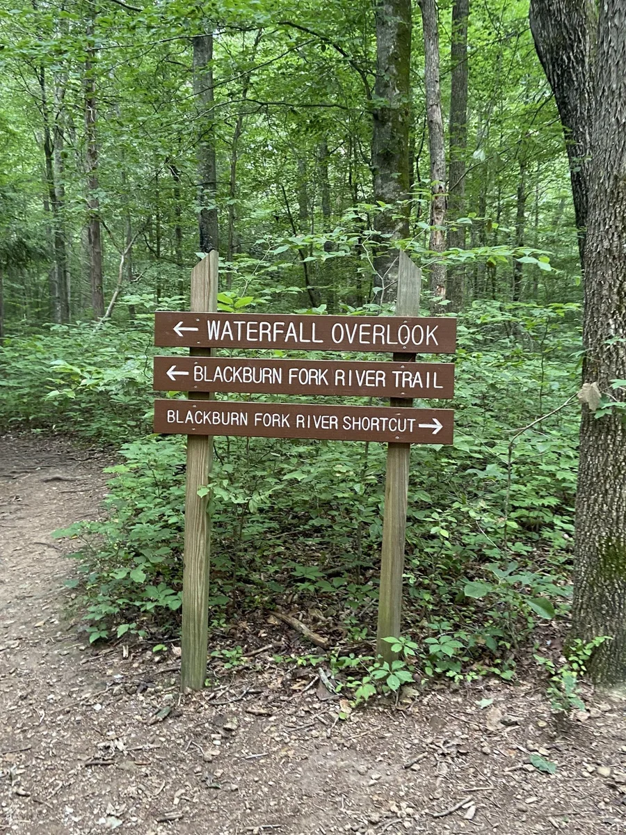 waterfall overloook, blackburn fork river trail, and blackburn fork river shortcut signs at cummins falls state park 