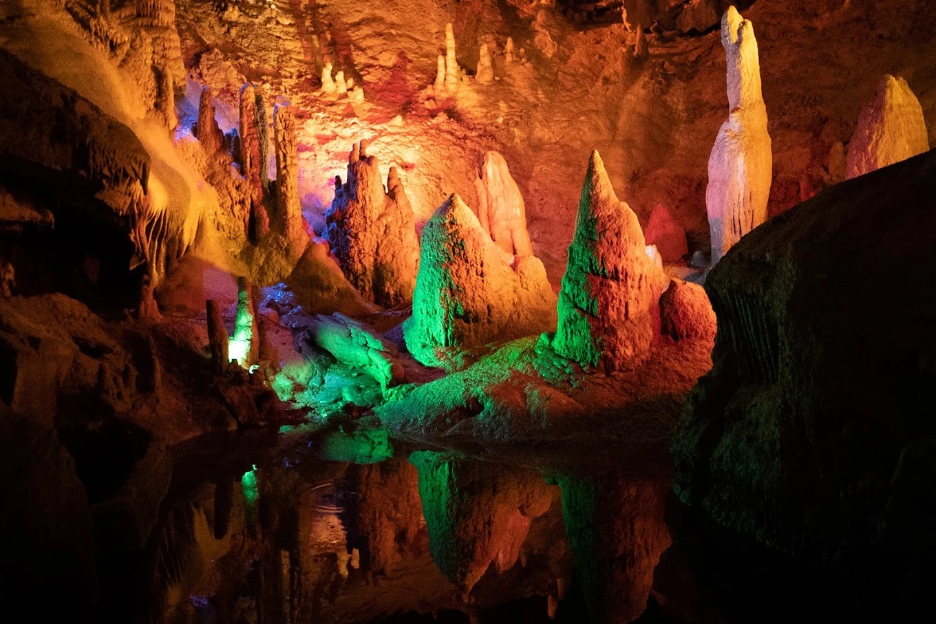 inside the forbidden caverns in sevierville tn with rock formations and lights