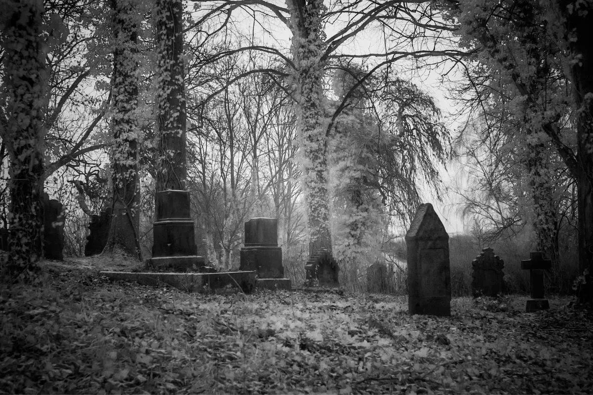 a black and white photo of a haunted cemetery 