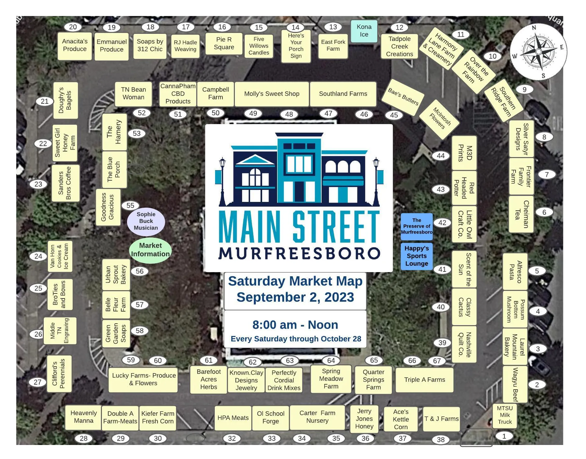 2023 market map of downtown murfreesboro showing the locations of different vendors at the saturday market