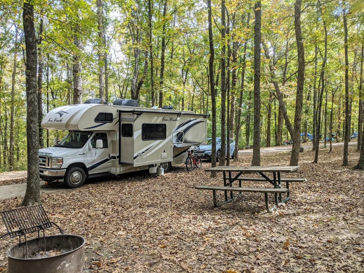 rv camper with bicycle and firepit at meriweather lewis campground near nashville tn 