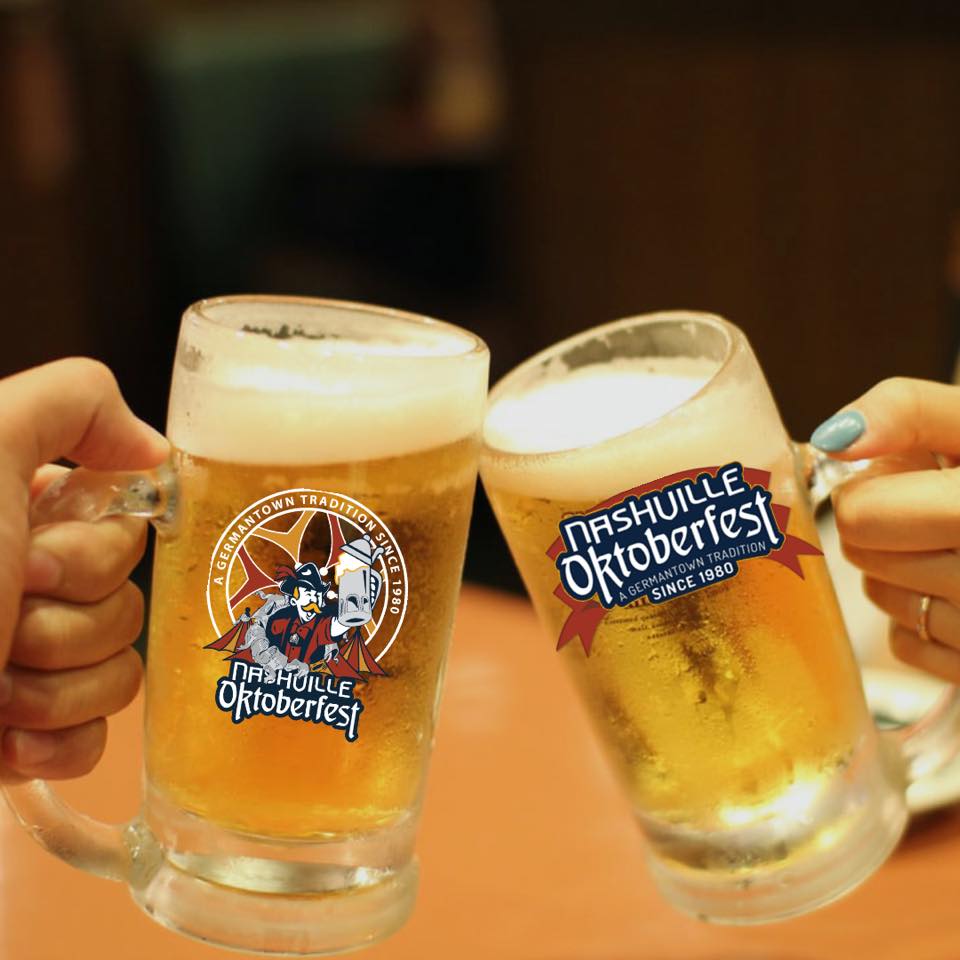 two steins full of beer with nashville oktoberfest logos cheering or "prosting"