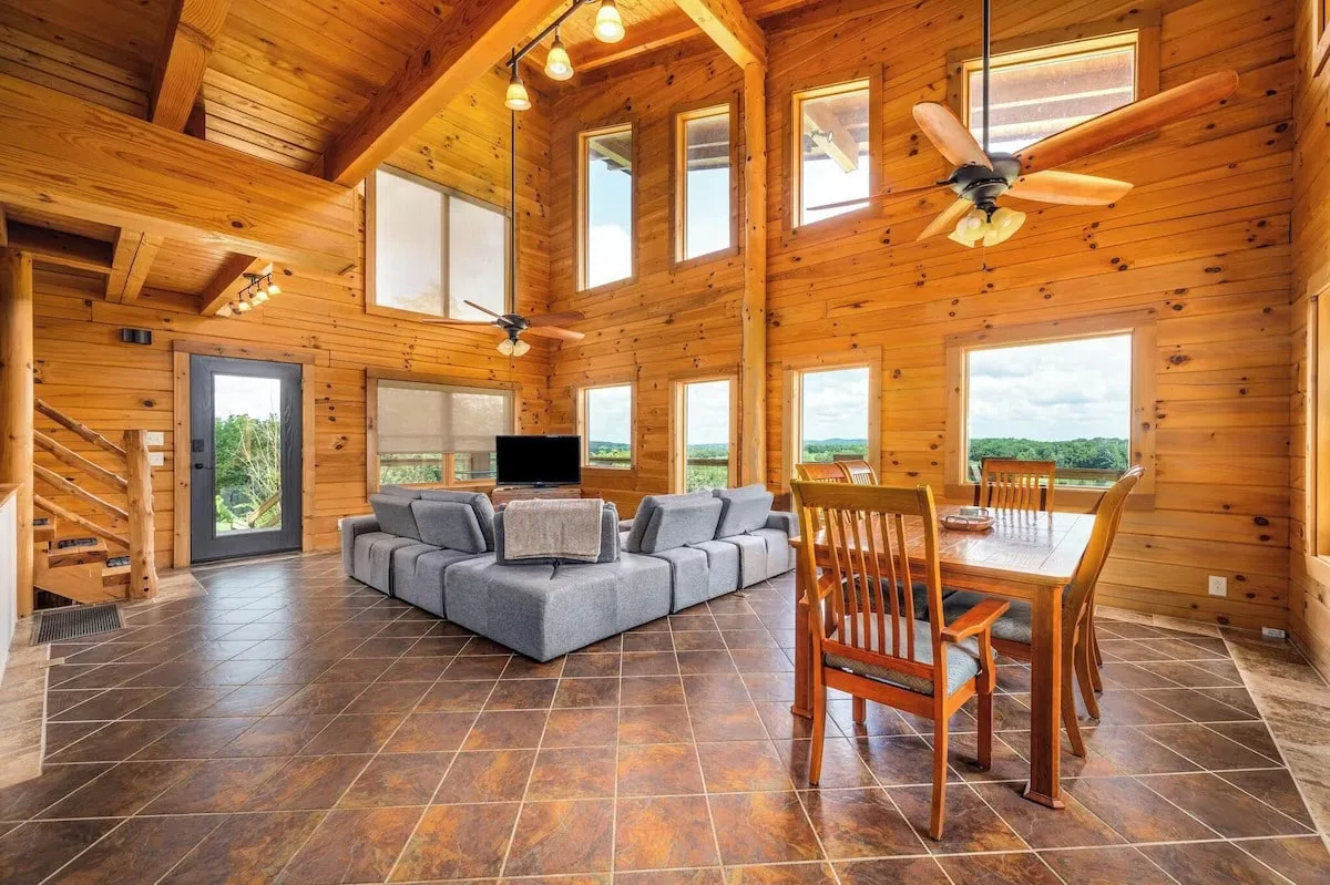 wooden cabin with wooden walls and ceiling and large windows with panoramic views in murfreesboro tn 