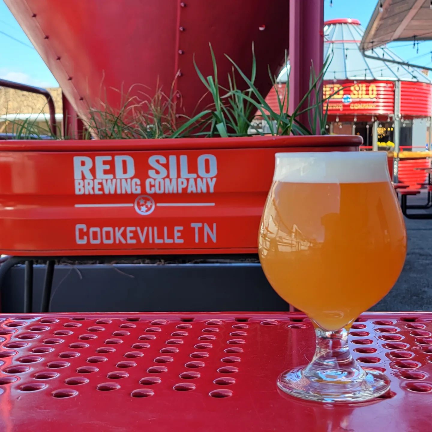 hazy beer on table in front the red silo at red silo brewing company in cookeville tn 