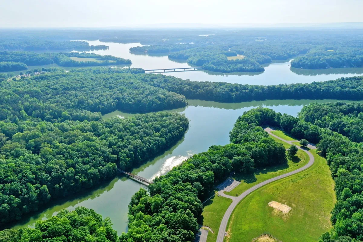 aerial view of tims ford state park with lake and lush green trees near nashville tn 