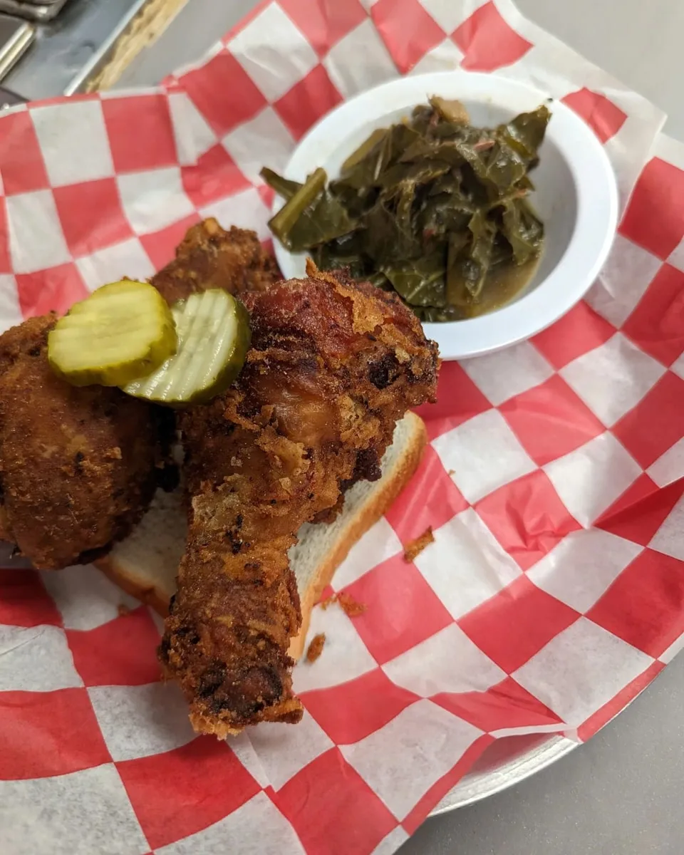 crispy nashville hot chicken with collar greens at voodoo chicken in johnson city tn 