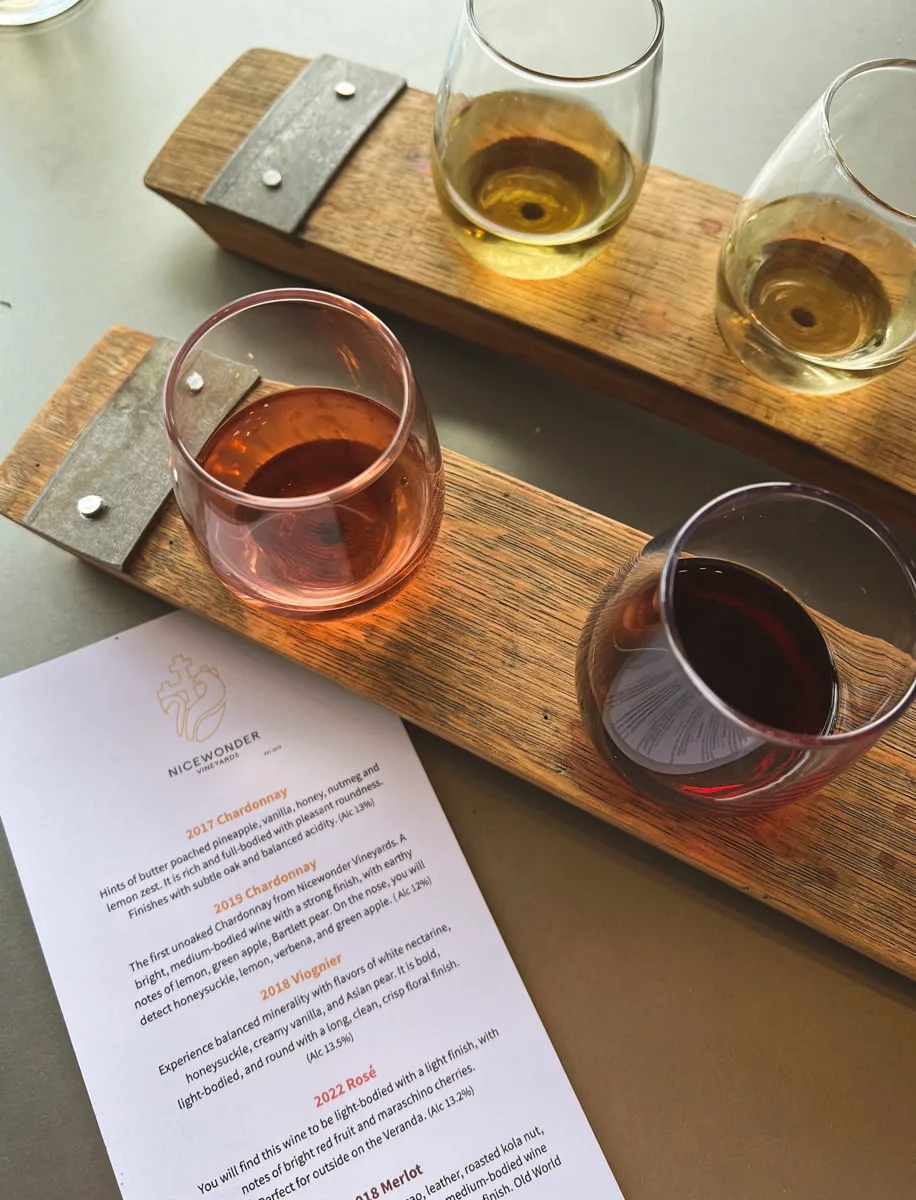 wine flight with the wine menu at nicewonder vineyards in bristol va 