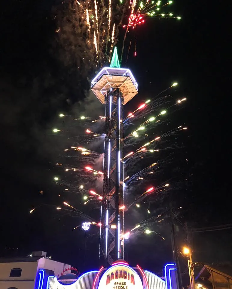 Gatlinburg space needle with fireworks on New Years Eve 