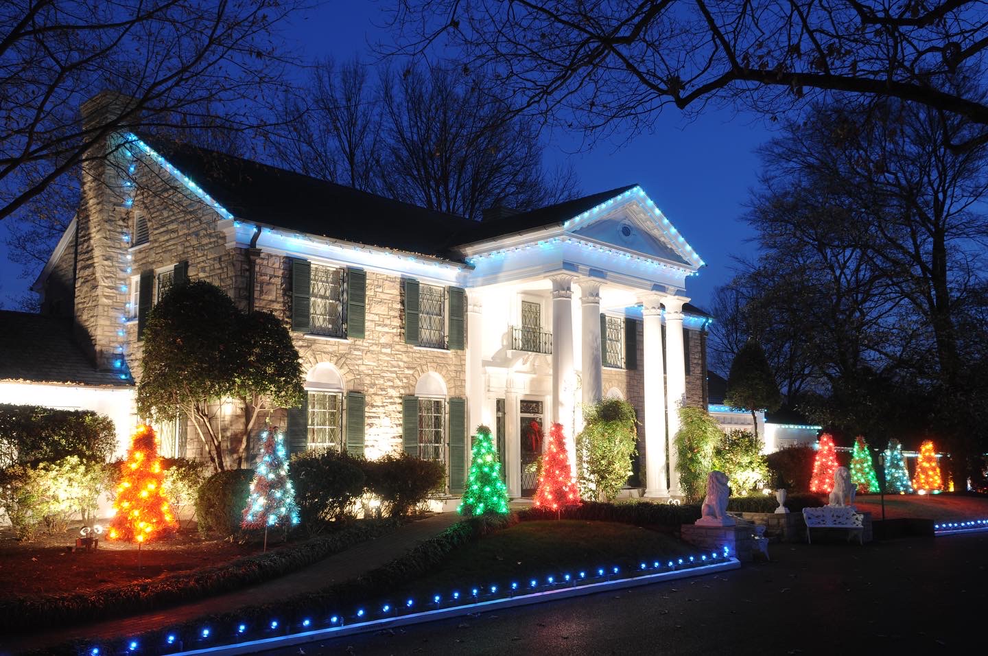 graceland decorated for christmas in memphis in winter