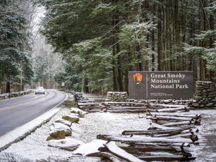 the great smoky mountains national park in the winter with snow on the ground