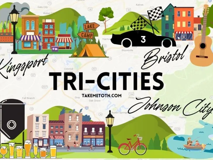 Custom map of the tri-cities with cartoon icons of each city of johnson city, bristol, and kingsport