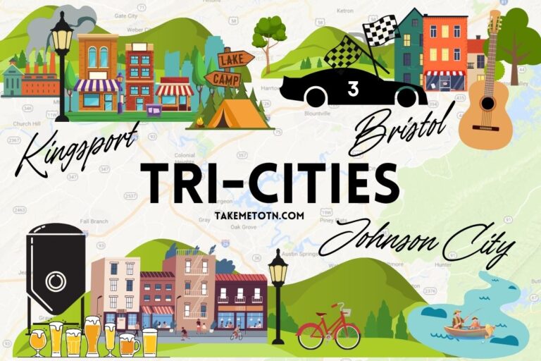Custom map of the tri-cities with cartoon icons of each city of johnson city, bristol, and kingsport