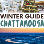 winter in chattanooga pinterest pin with picture of tennessee river and christmas tree