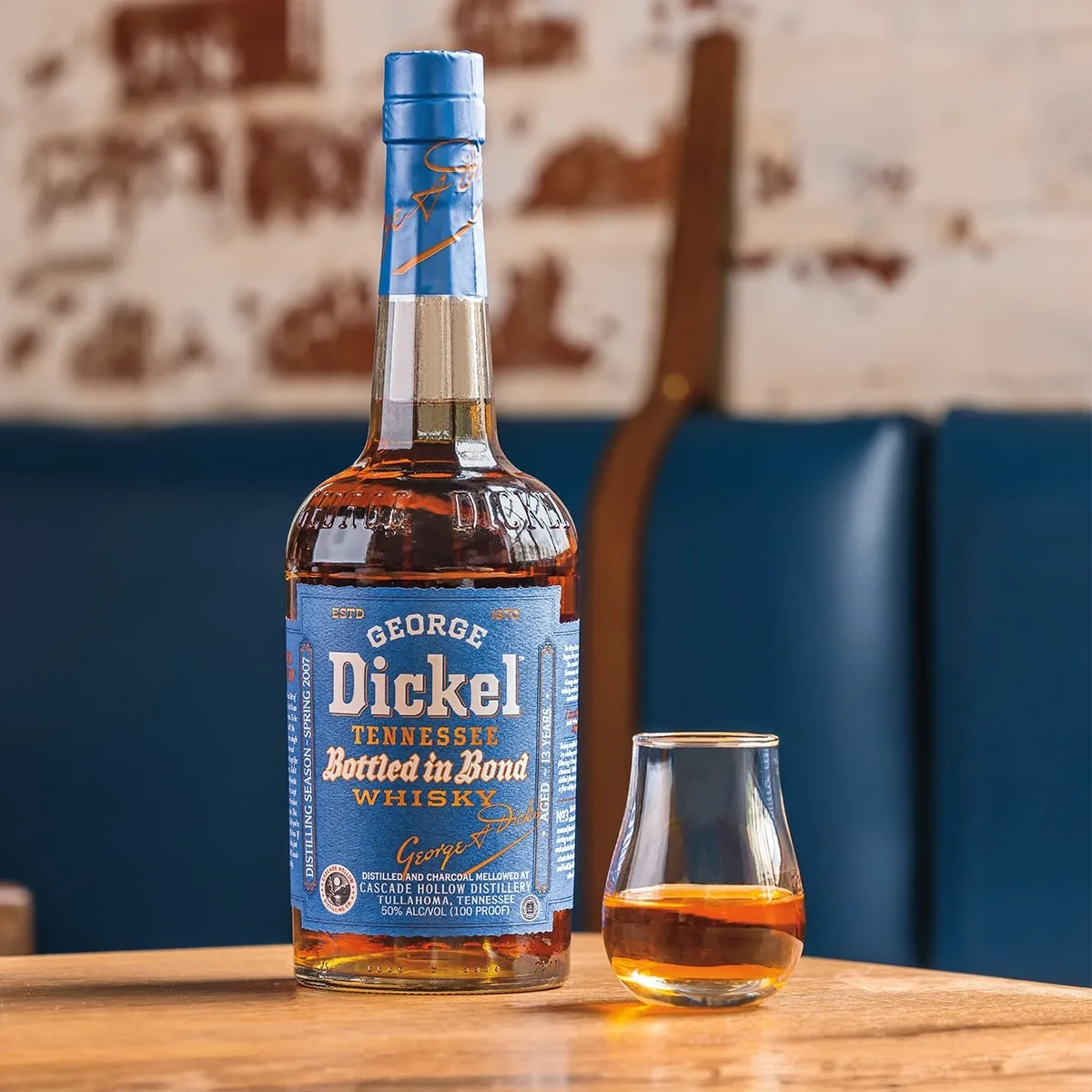 George Dickel bottled in bond bottle and glass 
