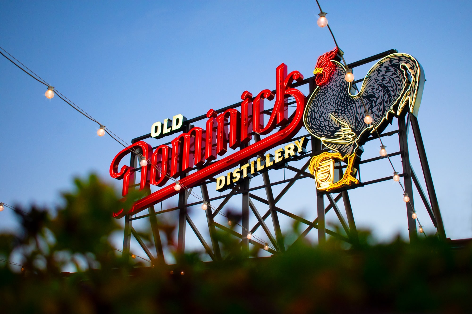 sign of Old Dominick Distillery in Memphis Tennessee with giant Rooster