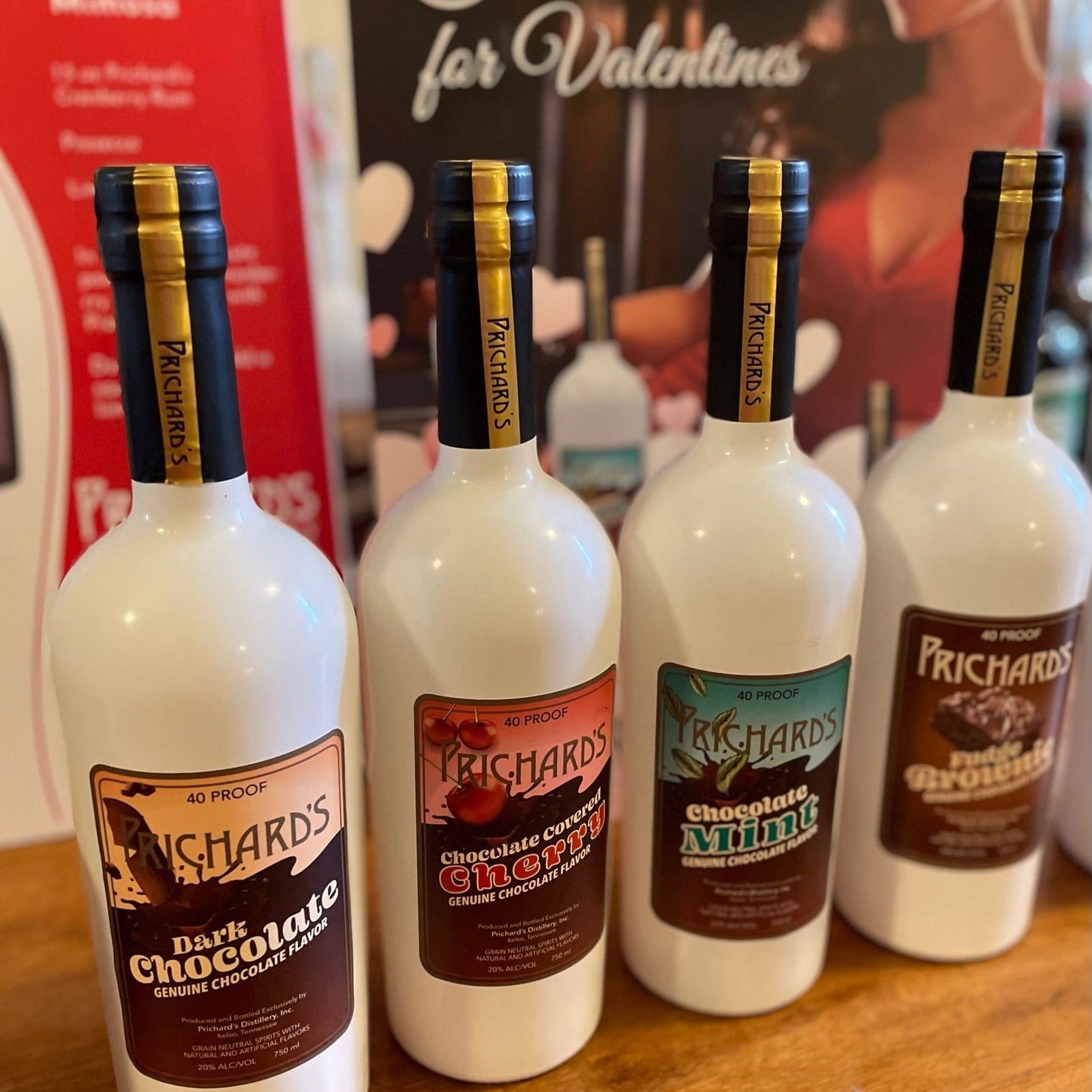 bottles of different chocolate flavored liquors at prichards distillery in tennessee