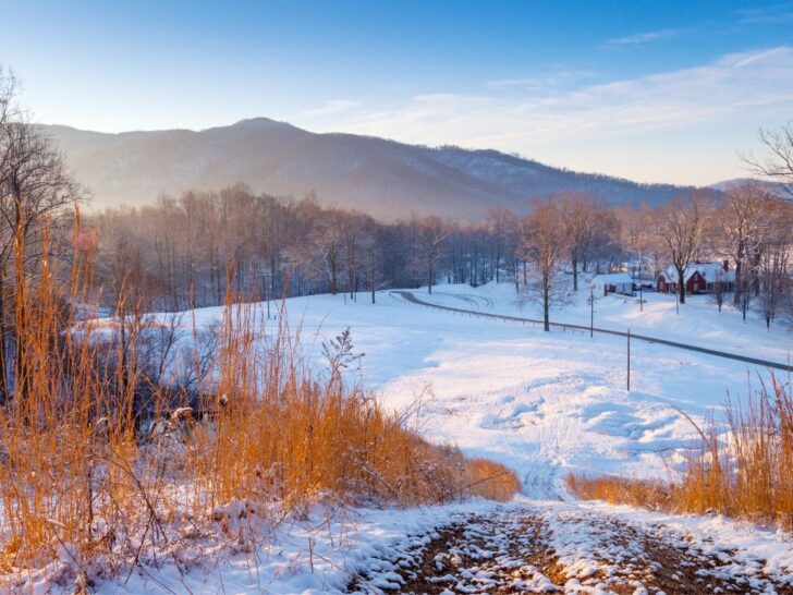 landscape image of mountains and snow covered ground in tennessee during winter