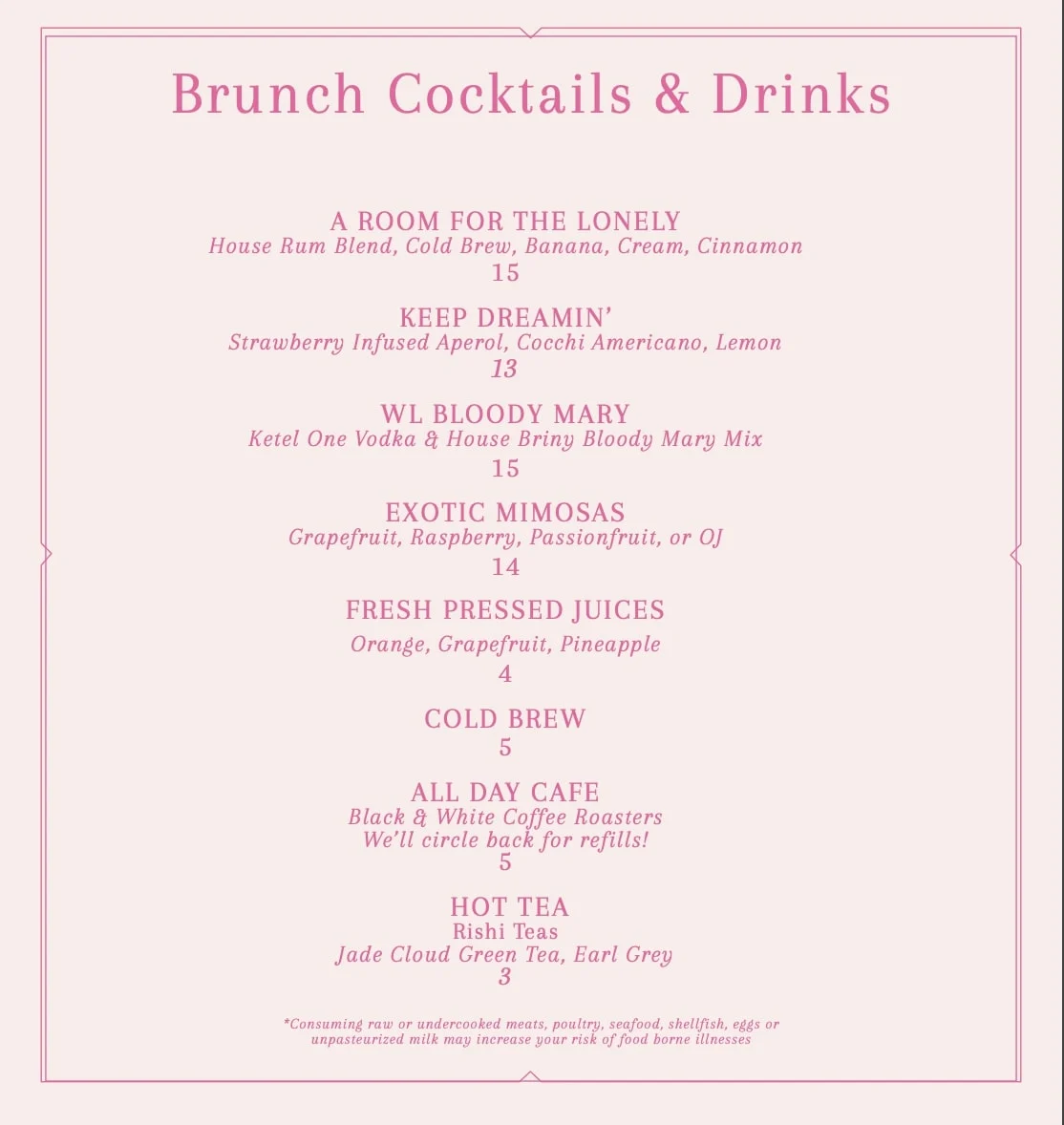 white limozeen brunch menu with brunch drinks such as mimosas and bloody marys for brunch in nashville tn 