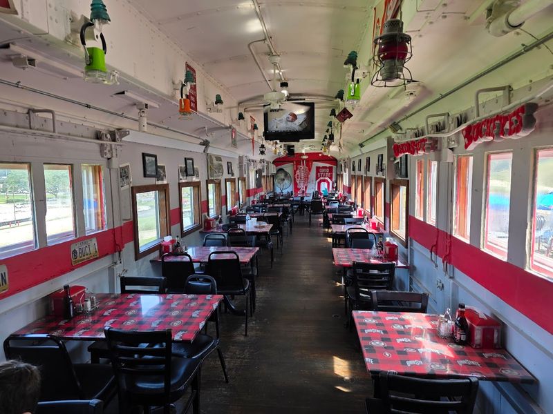 Dining inside a real vintage train car