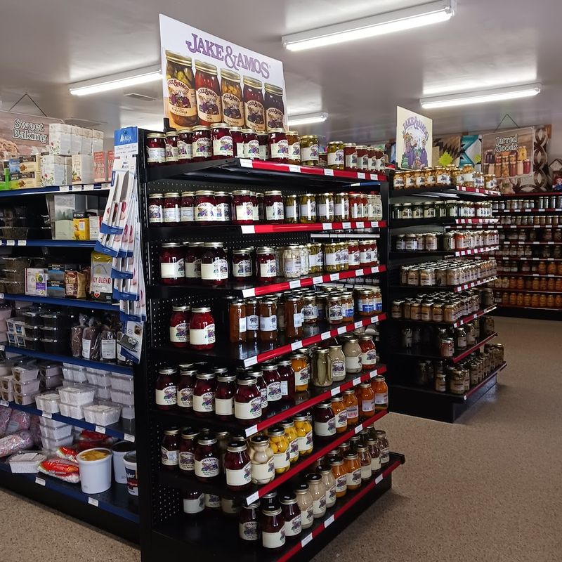 Shelves packed with pickles, jams, candies, and more Shelves packed with pickles, jams, candies, and more