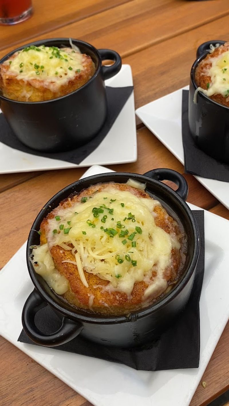 The French onion soup is the star of the table The French onion soup is the star of the table