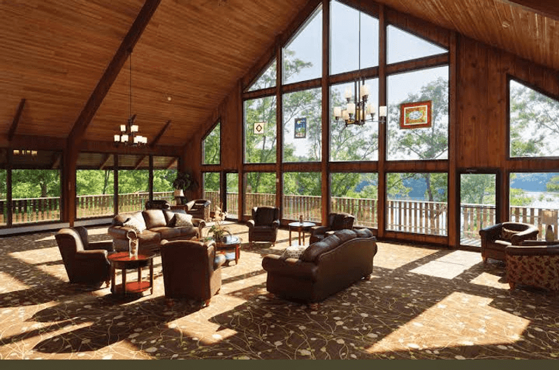 The lodge adds comfort without losing the rustic mood The lodge adds comfort without losing the rustic mood