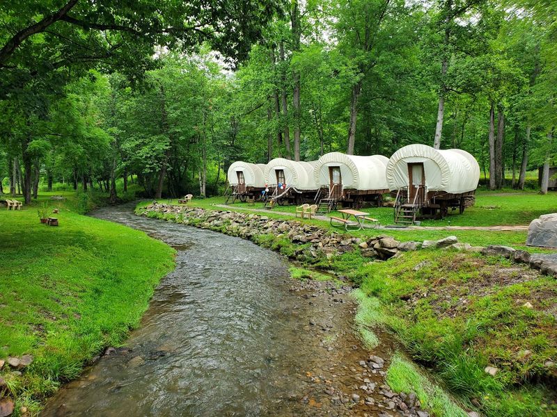 Sleep in a covered wagon by the creek