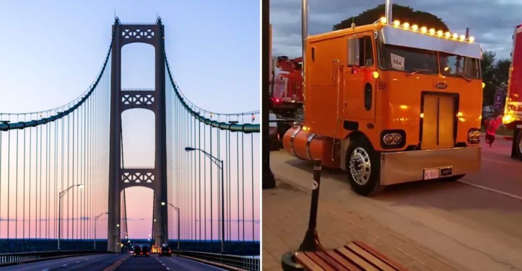 One Of Michigan’s Strangest Parades Sends 200 Lighted Trucks Across The Mackinac Bridge